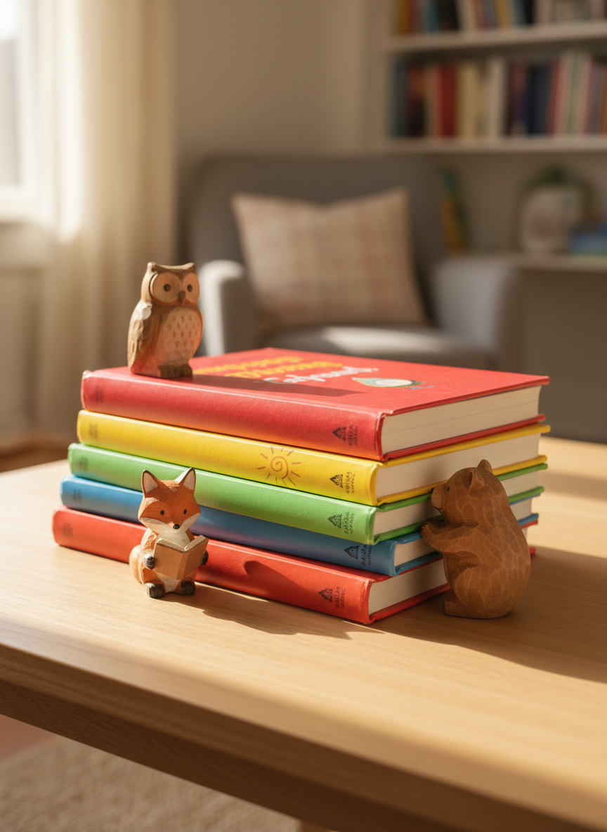 A playful stack of children’s picture books with brightly colored hardcovers and slightly worn, textured spines, arranged in a loose tower on a light maple wood table. Small, whimsical, non-human figurines shaped like forest animals lean against the books as if “reading” them, their carved features simple and friendly. Soft morning sunlight from a nearby window washes over the scene, creating gentle highlights on the glossy covers and faint shadows across the table. Photographic realism with a vibrant, cheerful palette. Shot at eye level, using shallow depth of field so the front book is crisp while the background blurs into a cozy, neutral-toned reading nook. The atmosphere feels welcoming, creative, and full of stories waiting to be discovered.