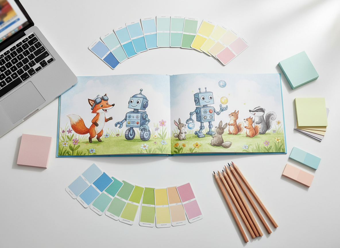 A close-up, overhead photographic view of a children’s book layout in progress on a clean white desk. Printed picture-book pages with colorful, imaginative illustrations of talking animals and friendly robots lie neatly arranged, their surfaces slightly matte. Beside them, color swatch cards, sharpened colored pencils, and sticky notes in bright pastel tones form a tidy ring around the pages. A sleek, modern laptop sits just out of main focus, its screen tilted away so no text is legible. Soft studio lighting from above and slightly to the side creates subtle shadows that define each object without harsh contrast. The composition uses rule of thirds, with a vibrant, organized, and creative atmosphere that suggests a professional children’s publishing workflow.