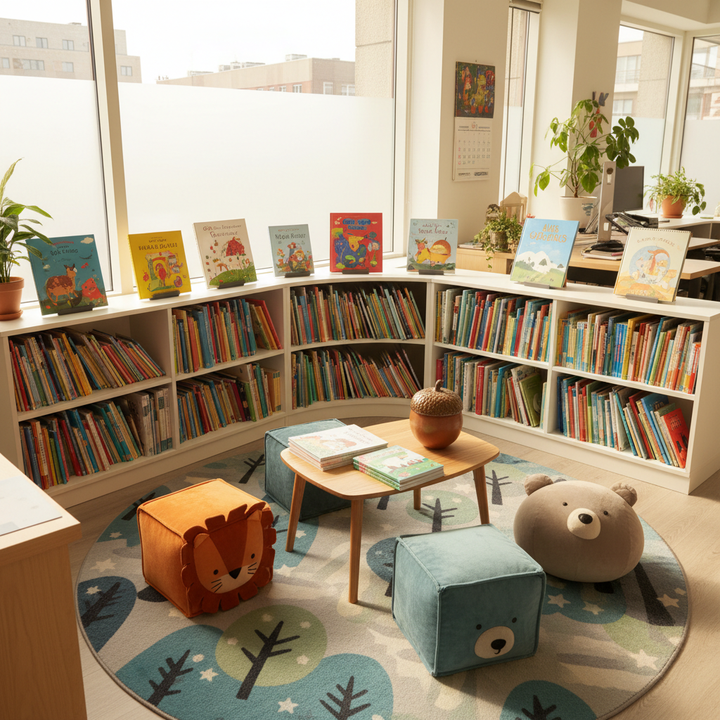 An inviting children’s reading corner in a small publishing office, featuring a low, curved bookshelf filled with colorful picture books and chapter books, all neatly arranged with a few covers facing outward. Plush, oversized cushions shaped like simple geometric animals rest on a soft rug patterned with abstract trees and stars. A small wooden table in the center holds a tidy stack of newly printed books and a ceramic acorn-shaped paperweight. Diffused afternoon light filters through frosted windows, creating a warm, even glow with minimal shadows. Photographic realism, captured from a slightly elevated angle to show the entire nook. The mood is playful yet professional, reflecting a space where children’s stories are lovingly crafted and shared.
