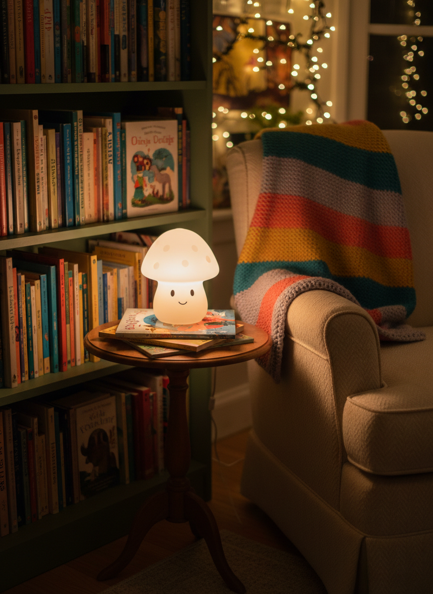 A cozy nighttime scene in a small, home-like reading space associated with a children’s publisher. A low bookcase filled with richly colored picture books wraps along the wall, while an overstuffed armchair sits empty beside it, draped with a knitted throw in playful stripes. On a nearby side table, a small stack of children’s books rests beneath a glowing mushroom-shaped lamp made of frosted glass, casting warm, golden light that pools softly over the covers and sends gentle shadows across the wooden surface. The background fades into a soft blur, with twinkling string lights hinting at a whimsical decor. Photographic realism, shot at eye level, with a calm, comforting, bedtime-story mood.