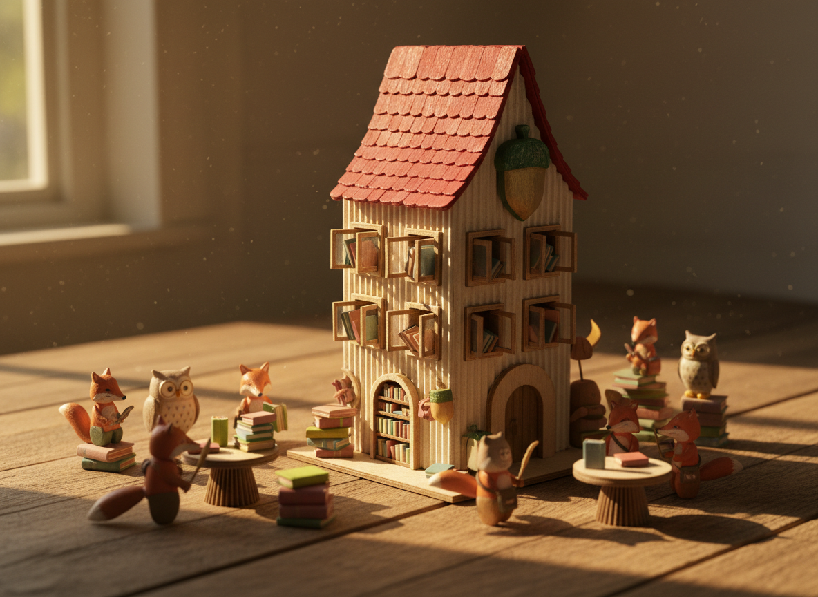 A whimsical, miniature “publishing house” scene crafted entirely from cardboard and painted wood, built atop a wide wooden desk. The small building, labeled only with a simple acorn emblem instead of text, has tiny open windows revealing rows of miniature, blank-spined books inside. Around the structure, toy-like non-human characters shaped like owls, foxes, and squirrels sit near tiny stacks of colorful books, implying editors and authors without depicting people. Gentle golden-hour sunlight streams through an unseen window, casting long, soft shadows and creating a magical glow on the cardboard textures. Photographic realism, shot from a slightly low angle to make the miniature world feel grand. The mood is imaginative, playful, and perfectly suited to a children’s book publisher.