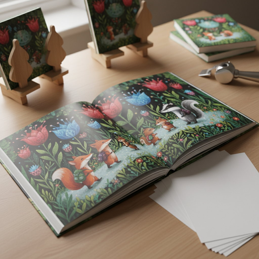 A detailed, close-up photographic shot of a single, freshly printed children’s hardcover book lying open on a smooth birch desk, showing a full-spread illustration of an enchanted forest with oversized flowers and friendly animal characters. The pages have a slight satin sheen, catching soft daylight from an adjacent window. Around the book sit simple wooden book stands, a metal corner-rounding tool, and a neat stack of blank, trimmed pages ready for binding, emphasizing the publishing craft. The scene is framed from a three-quarter overhead angle, with shallow depth of field so the central illustration is razor sharp while the tools recede into a gentle blur. The atmosphere is focused, magical, and detail-oriented, highlighting the quality of children’s book production.