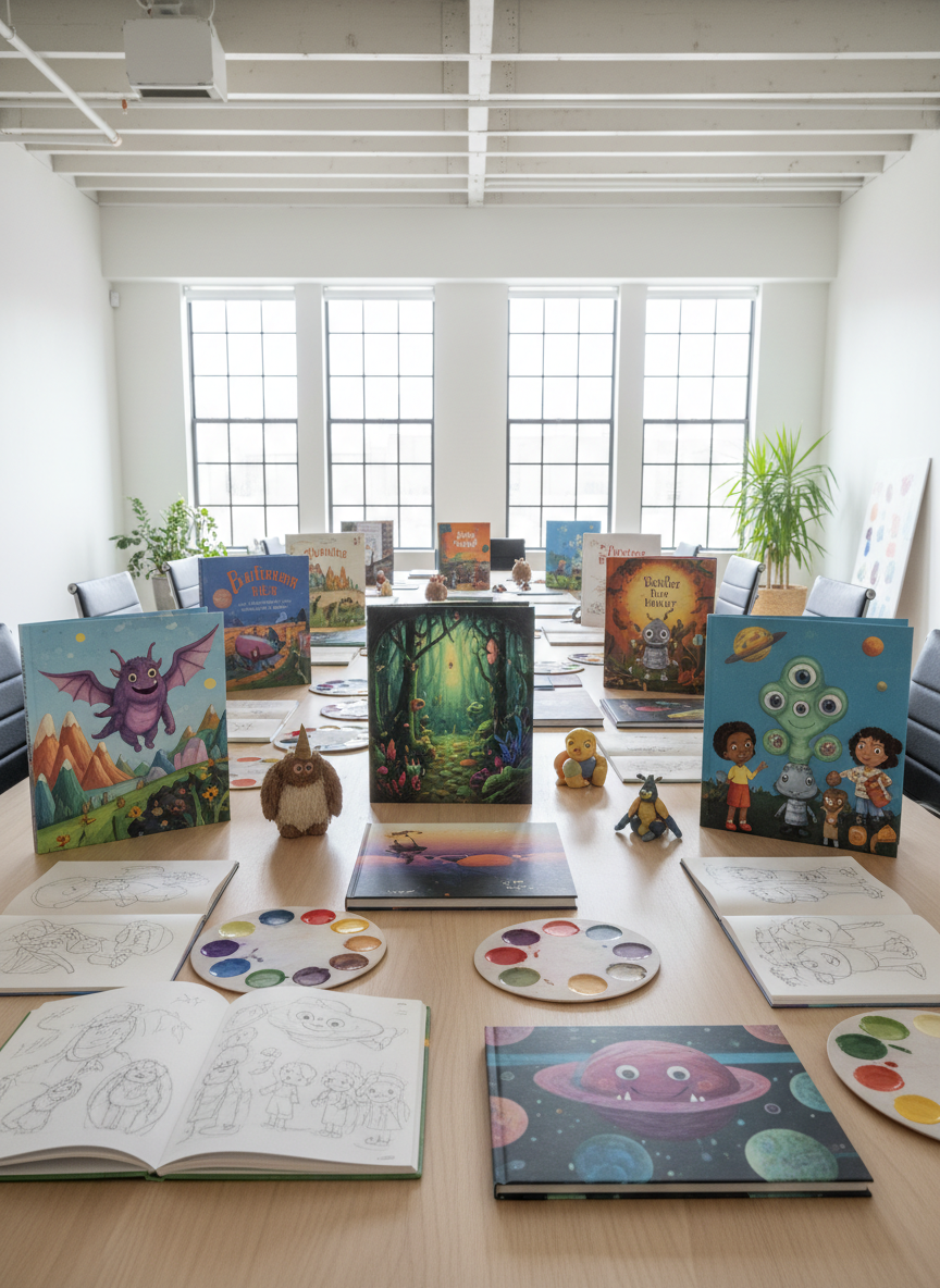 A long, light-wood conference table in a bright, modern publishing studio, covered with an organized spread of children’s book mockups, each with vivid, illustrated covers featuring adventurous creatures, friendly monsters, and fantastical landscapes. Between the books, there are open sketchbooks, color palettes, and a few small, sculpted clay characters that match the illustrations, hinting at story development. Large windows along one wall flood the room with soft, natural daylight, creating clear highlights on the glossy covers and subtle reflections on the table surface. Photographic realism with a clean, contemporary aesthetic, captured from a wide, slightly elevated angle to show the full expanse of the table. The mood is energetic, collaborative, and creative, expressing the process of shaping new children’s stories.